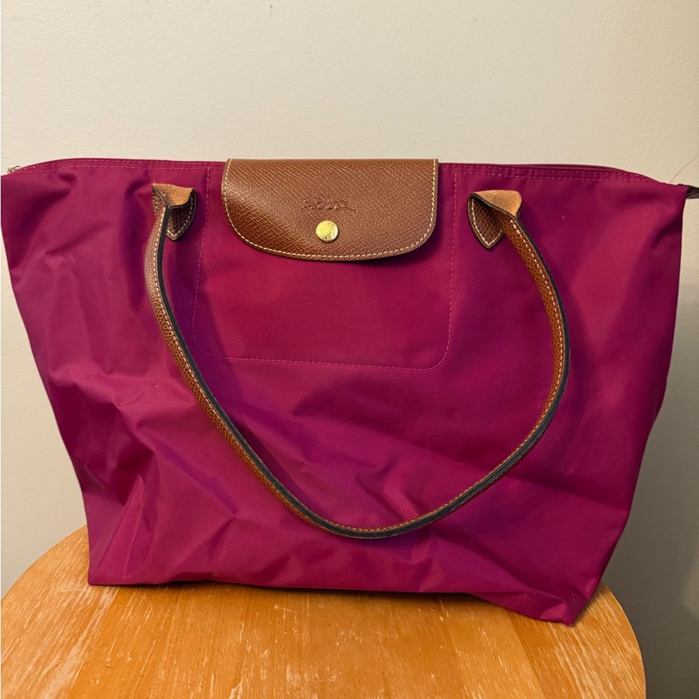 Longchamp Magenta Tote with Brown Accents